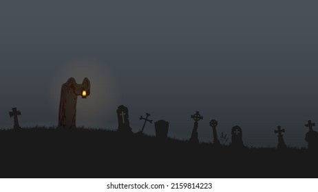 Grim Reaper holding lantern and standing on cemetery in night background, Halloween concept flat illustration vector.