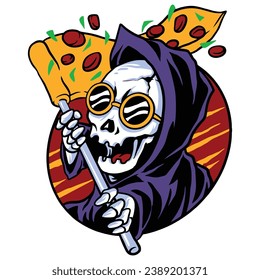 grim reaper holding pizza deathscythe on summer vibes