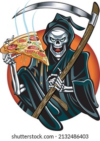 grim reaper holding pizza slice and scythe