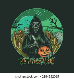 Grim Reaper holding pumpkin and knife in cornfield on Halloween