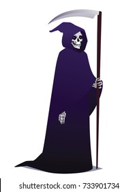 Grim Reaper holding Scythe. Death character in dark robe with hood going for Costume party. Vector illustration in flat cartoon style on white background. Element for your design, print. Halloween.