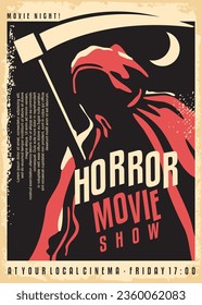 Grim Reaper holding the scythe old graphic cinema poster template for horror movies festival. Death figure with sickle standing in the dark. Vintage vector poster design layout for horror film. 