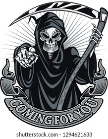 grim Reaper holding scythe and pointing