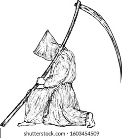 A Grim Reaper holding a sharp scythe for Halloween concept. Hand drawn vector illustration. 