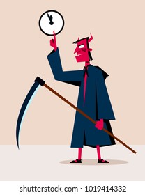 Grim reaper holding reaper and showing clock: Deadline concept



