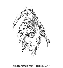 Grim Reaper Holding Smoking Hot Cup of Coffee and Scythe Tattoo Line Drawing Black and White