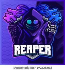 Grim Reaper Hood mascot esport logo design illustrations vector template, Devil with flare logo for team game streamer youtuber banner twitch discord