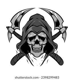 Grim reaper hooded skull with crossed scythe illustration and tshirt design