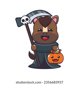 Grim reaper horse holding scythe and halloween pumpkin. Cute halloween cartoon illustration. 