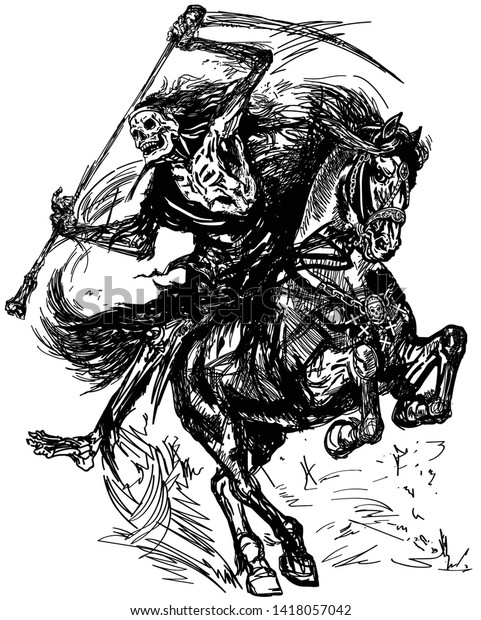 死神は 大鎌を持って馬に乗って馬に乗っている 死の暗い騎手 ギャロップの馬 白黒のタトゥー形式のベクターイラスト のベクター画像素材 ロイヤリティフリー