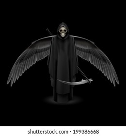 Grim Reaper with huge wings over black background