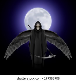 Grim Reaper with huge wings over full moon background