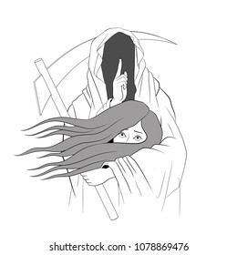 Grim Reaper, Human Skull Wearing A Hood, Isolated On Background, Vector illustration. Awoman hold with the ghost. to die. tattoo design. hand drawing and digital. line art design.