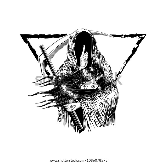背景にフードを着た人間の死神 ベクターイラスト 女が幽霊を抱きしめる 死ぬタトゥーデザイン 手描きとデジタル 線画デザイン 三角形の境界 のベクター画像素材 ロイヤリティフリー