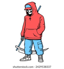 GRIM REAPER HYPEBEAST DRESSED IN A HOODIE AND CARGO PANTS WITH SCYTHE COLOR WHITE BACKGROUND