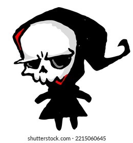 Grim reaper illustration. Cartoon  Halloween death skeleton mascot isolated on white background. Outlined