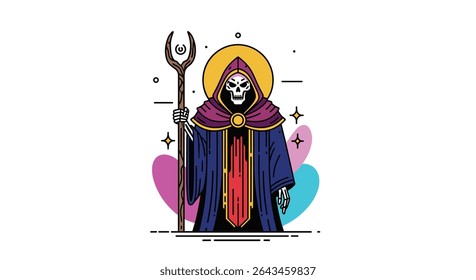 Grim Reaper Illustration Featuring a Staff and a Gold Halo with a Purple Robe