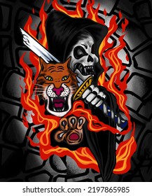 grim reaper illustration holding sword and tiger gripping