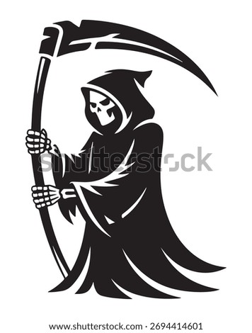 Grim reaper illustration with scythe in black and white symbolizing death
