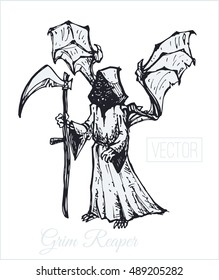 Grim Reaper. Illustration. sketch drawn by hand with ink. Isolated vector. Vintage. design for Halloween
