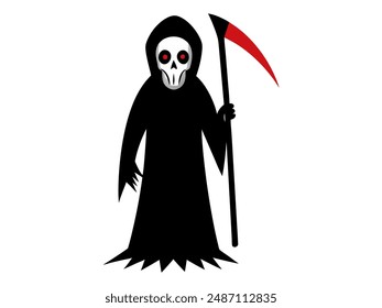 Grim Reaper isolated on a white background. Concept of death, spooky figure, minimalist style, Halloween. Print, digital art, illustration, design element