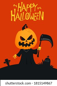 Grim reaper jack-o-lantern cartoon. Vector illustration of a scarecrow holding scythe