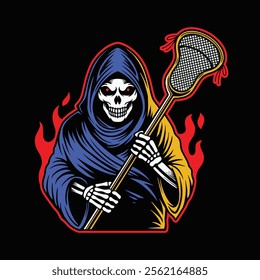 Grim Reaper with lacrosse stick vector The Concept of Isolated Technology. Flat Cartoon Style Suitable for Landing Web Pages, Banners, Flyers, Stickers, Cards