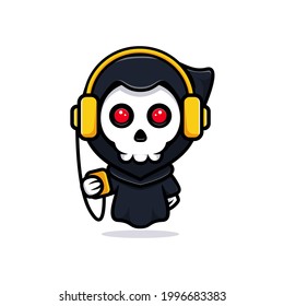 Grim reaper listening music. Cute mascot illustration