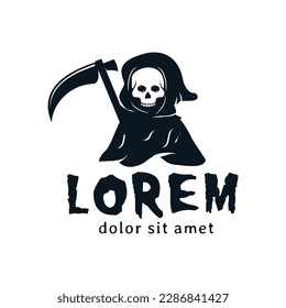 Grim reaper logo design illustration black skull angel of death with scythe for halloween
