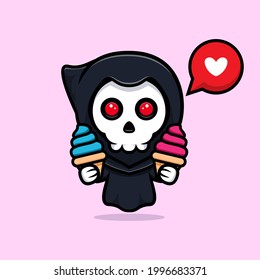 Grim reaper love icecream. Cute mascot illustration