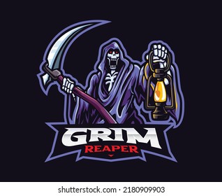 Grim reaper mascot logo design. Vector illustration reaper with lantern. Logo illustration for mascot or symbol and identity, emblem sports or e-sports gaming team