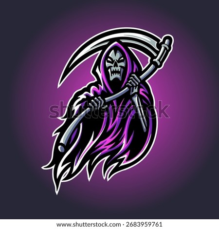 Grim reaper mascot logo design. Vector illustration reaper. Angel of Death esports gaming logo design.