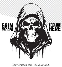 Grim Reaper in Monochrome: Skull, Skeleton, Face, Hand-Drawn Vector Illustration for Logo, Label, Emblem, Sign, Brand Mark, Poster, T-Shirt Print.
