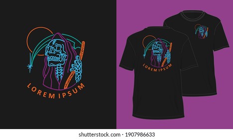 grim reaper neon outline design for t-shirt black