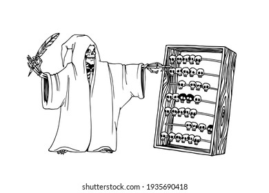 grim reaper with old wooden abacus and goose pen, mass death concept, vector illustration with black ink contour lines isolated on white background in cartoon and hand drawing style