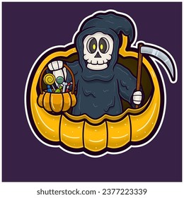 Grim Reaper On Big Pumpkin Cartoon. Halloween Sticker Logo. Vectors and Illustrations.