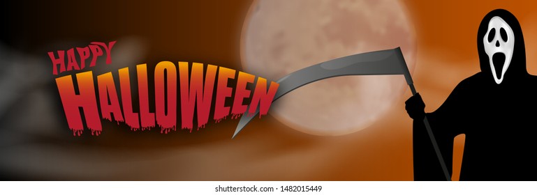 Grim Reaper on night full moon. Halloween horizontal background. Vector illustration.