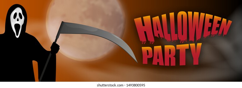 Grim Reaper on night full moon. Halloween party invitation horizontal background. Vector illustration.