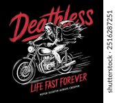 Grim Reaper on Sport Motorcycle with Horror Vintage Typography