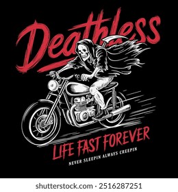 Grim Reaper on Sport Motorcycle with Horror Vintage Typography