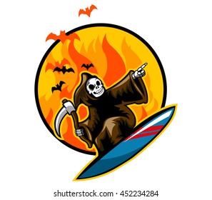 Grim reaper on surfboard in front of flame.