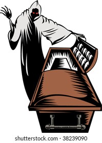 Grim reaper with open casket