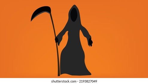 grim reaper with orange background halloween character black ghost with sickle stick black halloween ghost black angle