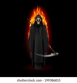 Grim Reaper in orange flame over black background