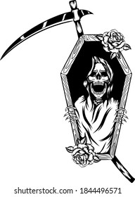 The grim reaper out of the coffin with the flowers