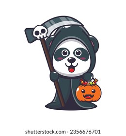 Grim reaper panda holding scythe and halloween pumpkin. Cute halloween cartoon illustration.