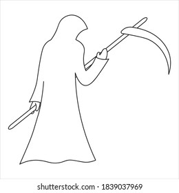 Grim Reaper. A paranormal entity in a robe. Vector illustration. Outline on an isolated white background. Doodle style. Sketch. Death has come to take the soul. Halloween symbol. Sharpened blade. 