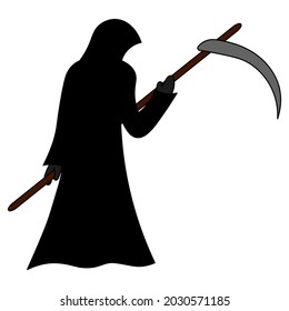 Grim Reaper. A paranormal entity in a robe. Colored vector illustration. Isolated white background. Cartoon style. Death has come to take the soul. Halloween symbol. Sharpened blade. 