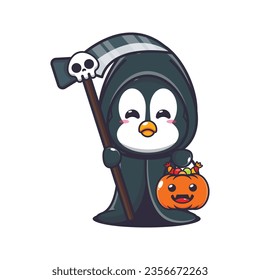 Grim reaper penguin holding scythe and halloween pumpkin. Cute halloween cartoon illustration. 