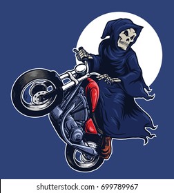 Grim Reaper performs wheelie a Motorcycle